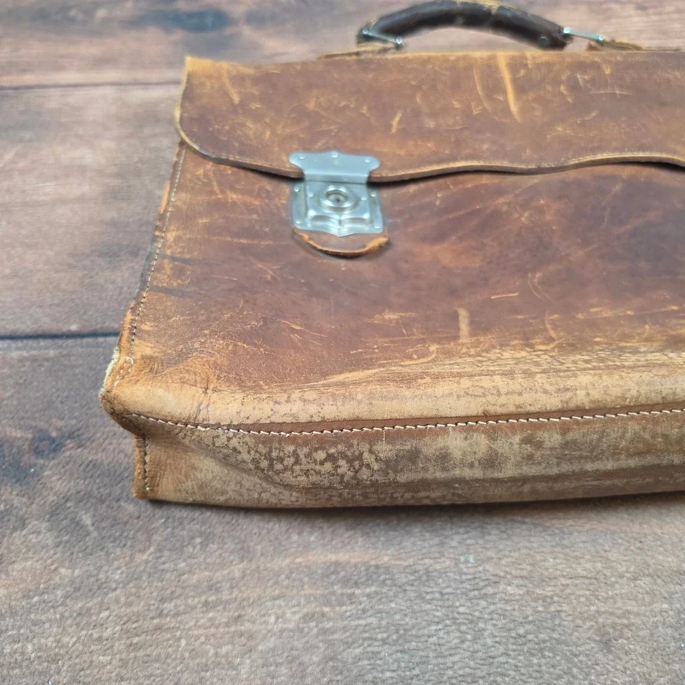Vintage Leather Briefcase Mens Large Brown Good Patina Satchel Bag